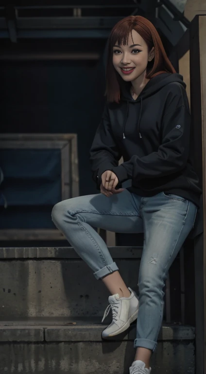 highest quality, Realistic, Very detailed, Finer details, High resolution, 8k wallpaper, One beautiful woman,Sit on the stairs、(Wear black socks)smile、(Beautiful teeth alignment、)(Gums are visible) Oversized hoodie, Skinny jeans,( Black sneakers)、red hair , crystal blue eyes 、 Beautiful Bangs、、Perfect dynamic composition, Beautiful and detailed, Full Body Shot, A big smile
Full body