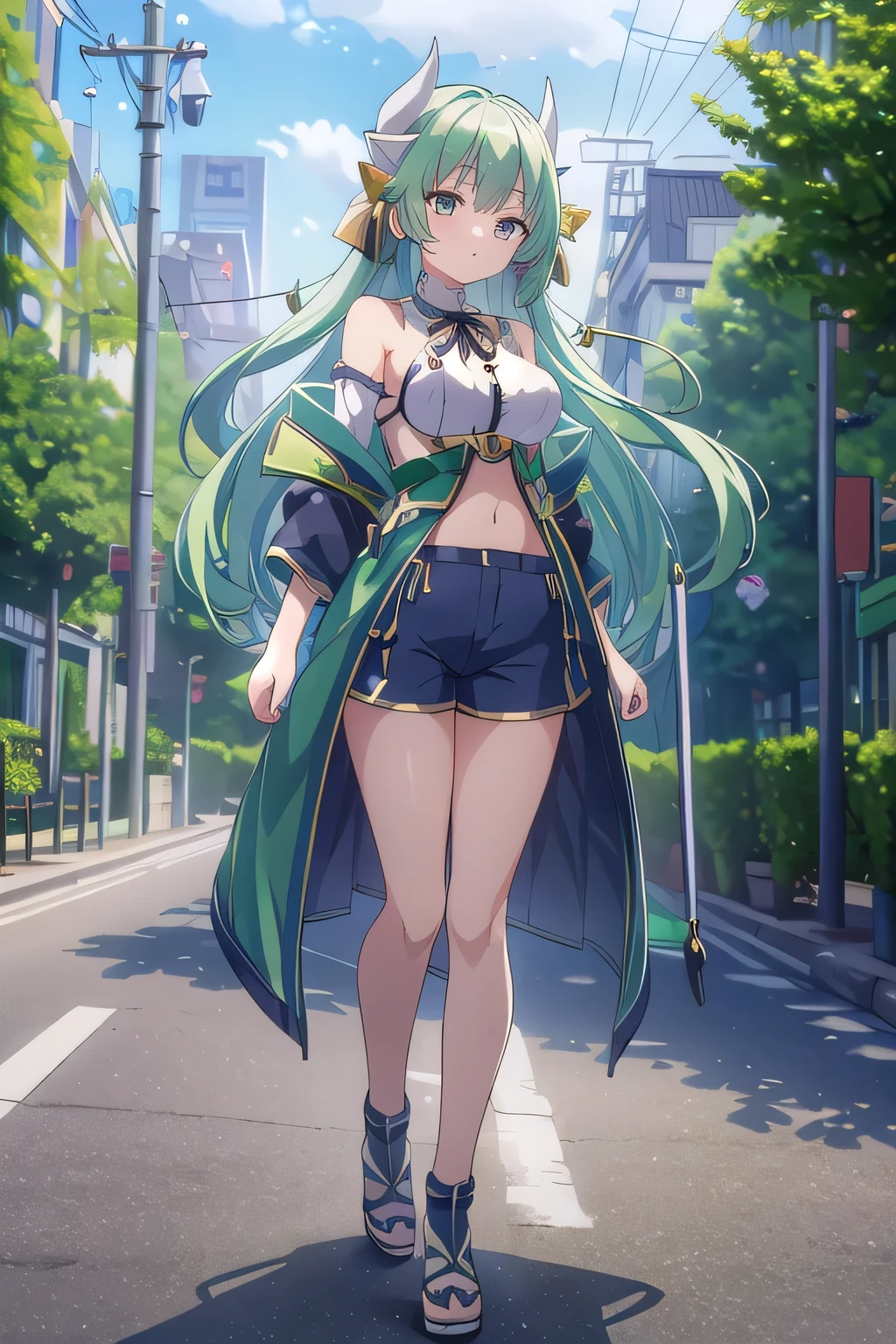 Kiyohime、 Green Hair、 ((Full body))、 (highest quality、4K、High resolution、masterpiece:1.2)、Super detailed、HDR、Studio Lighting、Sharp Focus、Bright colors、Portrait、Bokeh、Warm tones、Soft Lighting、 Character line emphasis、 (Light navy blue shorts)、 Standing posing、(Background night road)、