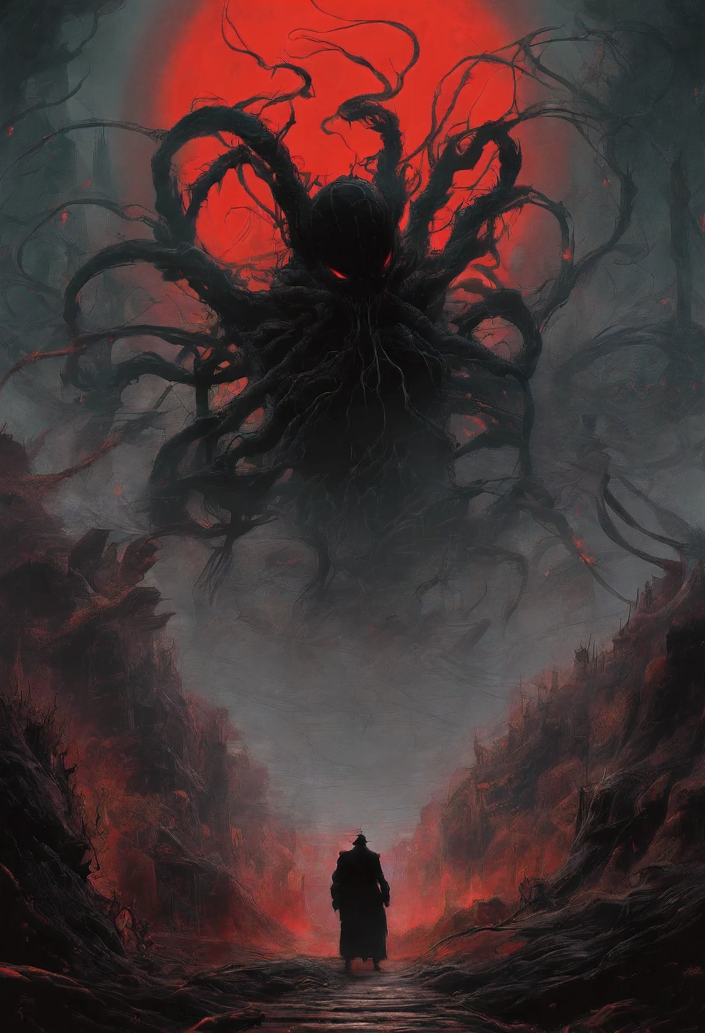 Venom Home, Venom Origins, Background Only, Spiders, Black Widow Spiders, author：Zdzislaw Beksinski和Van Gogh, album covers, Dark, surrealism, Futuristic ,Evil, coral, wizard, abstracted, Dark, Red, hell, landscape