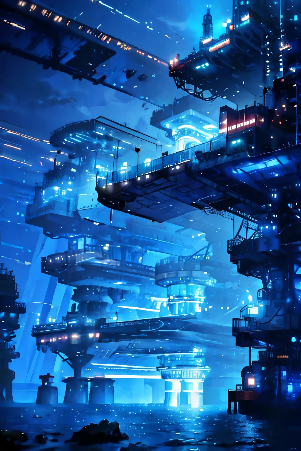An oil exploration platform on land, with its surface aglow with intricately intertwining lines, illuminated against the backdrop of a vast network world, composed of intricate codes and digital landscapes, displayed in a soothing blue color palette. The terrain beneath the platform is meticulously rendered, with technological lines forming a complex matrix that contrasts the organic curves of the platform. Seen from an aerial perspective, the scene exudes a futuristic and high-tech atmosphere, with the crisp lines and smooth shading evoking a sense of detail and precision. --ar 16:9 --v 6 --s2

As you gaze upon this masterpiece, the platform appears as