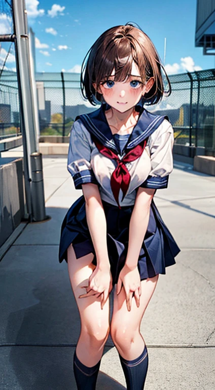 (((Perfect Anatomy, Anatomically correct, Very detailedな肌))), ((Pull down your panties)), 1 girl, Japanese, high school girl, Shiny skin, Observe your audience, 
Beautiful Hair, Beautiful Face, Beautiful fine details, (short hair:1.1, Bobcut:1.2), Dark blonde hair:1, blue eyes, Baby Face, Mole under the eye, 
Beautiful clavicle, Beautiful body, Beautiful breasts, Large Breasts:0.5, Beautiful thighs, Beautiful feet, 
((Short sleeve, Cute sailor uniform, all in dark blue, Dark blue pleated skirt, Navy blue sailor color, Sailor scarf, socks, Brown Loafers)), Captivating thighs, (Red Slave Collar), 
((, Embarrassing, , , )), Are standing, 
(Beautiful views), summer, School rooftop, building, Chain link fence, 
8k, highest quality, Masterpiece​:1.2, Very detailed), (Realistic), Beautiful illustrations, Natural light, ,