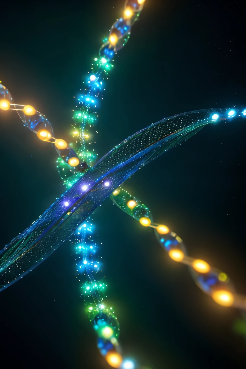 ((highest quality)), ((masterpiece)), (detailed), A detailed image of DNA connecting in darkness during the night, taken with a cinematic camera, using portrait with cinematic lighting --ar 9:16 --s 1000 --v 6