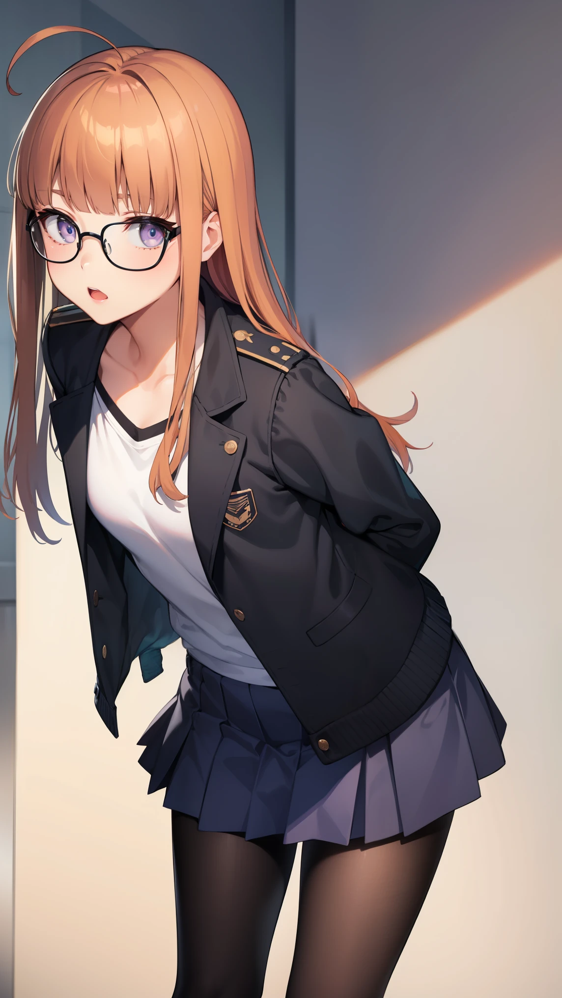 futabasakura, futaba sakura, orange hair, glasses, long hair, (purple eyes:1.1), ahoge,
BREAK military uniform, military,jacket,blue and white uniform,Skirt, (black_pantyhose:1.3),
BREAK looking at viewer,standing, leaning forward, arms behind back,
BREAK indoors, classroom,
BREAK (masterpiece:1.2), best quality, high resolution, unity 8k wallpaper, (illustration:0.8), (beautiful detailed eyes:1.6), extremely detailed face, perfect lighting, extremely detailed CG, (perfect hands, perfect anatomy),