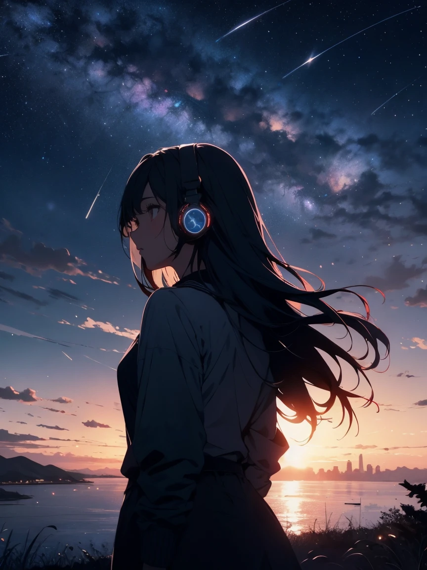 sunset、hill、cloud、Long Hair、woman、silhouette、Back view、Beautiful starry sky、Look up at the sky、The wind is blowing、Wide sky、Headphones、shooting star