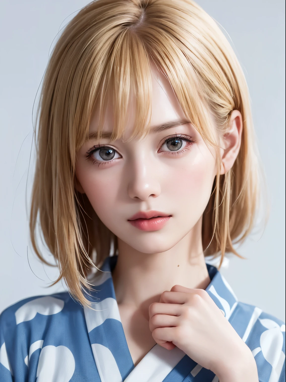 (highest quality、8k、32k、masterpiece)、(RAW Photos)、(Realisticな)、(High resolution)、Very detailedな、Very beautiful face and eyes、One Girl、Round and small face、Delicate body、(close、highest quality、Rich skin detail、highest quality、8k)、Very detailed、(Realistic、Realistic:1.37)、Vibrant colors、(((Golden Hair)))、(((I touch my chest with my right hand)))、(((Has a sad look)))、(((Bust Shot)))、(((White Background)))、((Medium Hair))、(((Pure white wall background)))、(((Blonde)))、(((She is wearing a checked yukata.)))、(((blue and white yukata)))、(((Pure white wall background)))、