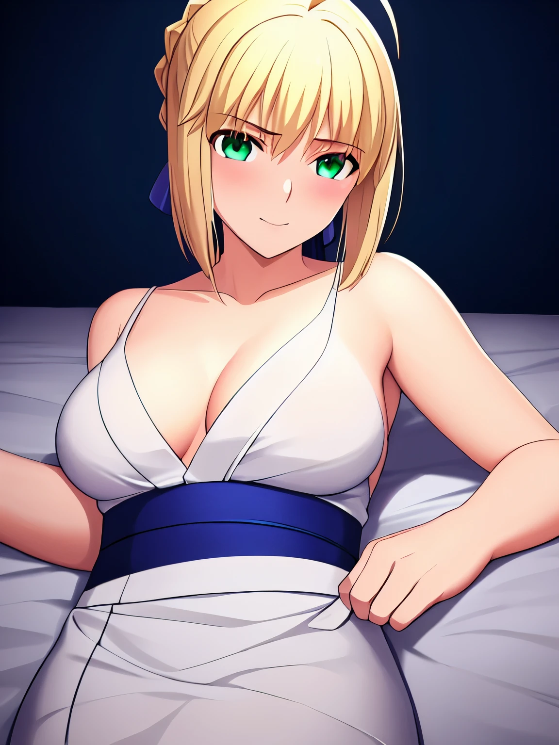 Best_quality, masterpiece, highres, detailed, detailed_background, ray_tracing_graphic, solo, adult_female, {saber_fatestaynightufotable:1.15}, blonde_hair, little_ahoge, detailed_green_eyes, blue_ribbon, 1girl, anime_coloring, detailed_face, happy_face, five_fingers, blush, large_breasts, white_yukata, from_the_front, lying, bed, dark_room, night_time, looking_at_viewer, oily_skin, detailed_skin, detailed_texture