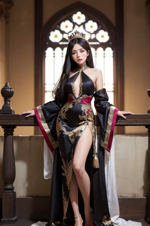 a photograph of a full-body portrait of a black-haired lady with beautiful hands and detailed fingers, a Japanese odango hairstyle with gold hair ornaments, a sexy lady in a revealing black floral kimono with B-cup boobs, Sakura from Goddess of Victory: Nikke, 4k cinematic wallpaper, anime 8K, sexy lady, Goddess of Victory: Nikke art, anime wallpaper, anime wallpaper 4k, highly detailed exquisite fanart, Detailed key anime art