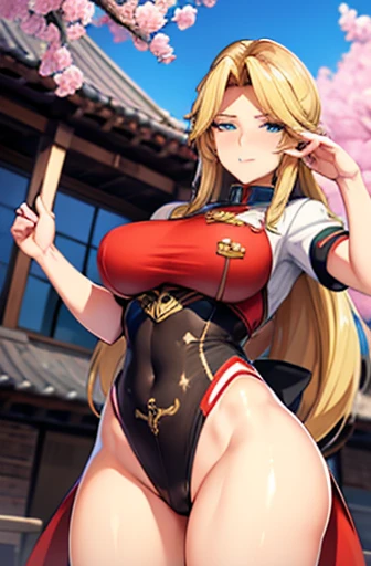 Woman saluting,Blonde,Long hair is thick,very red lips,Big Ass,Narrow waist,Long legs,Green eyes, a smug smile, Winking, ,8k(( Anime Style, The facial expression is good, Anime Style緑色の眼, The facial expression is good)), Standing at the station, Morning, Beauty, soldier, uniform,spring,cherry blossoms,looking at the camera