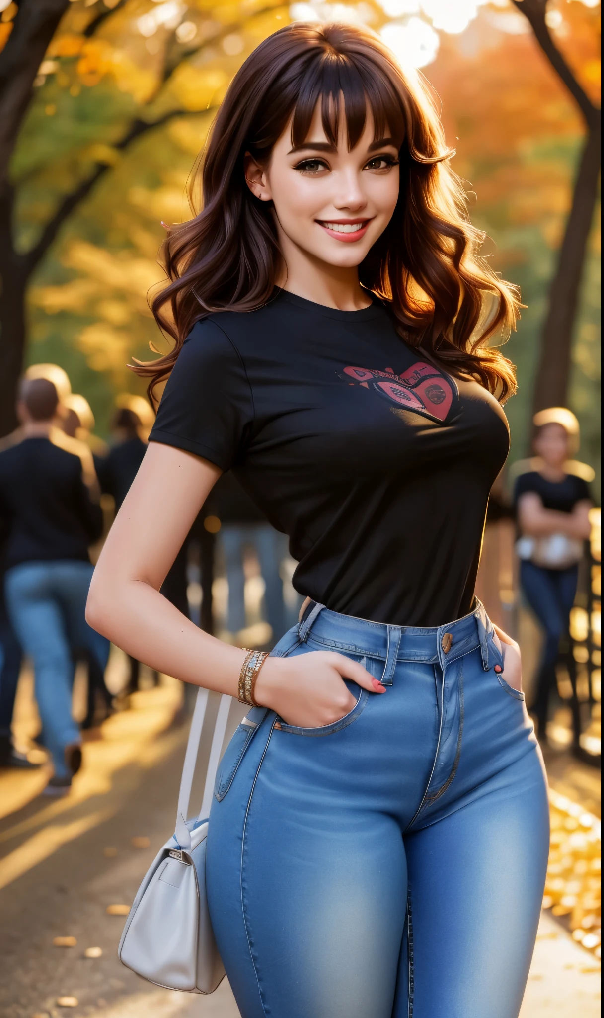 mjw2023, 1girl, walking in central park ,8k, best quality, trending on arstation, cinematic lighting, masterpiece, black shirt, jeans, smile, looking at viewer, skin pores, detailed skin, raw image, photorealistic, 5 fingers,