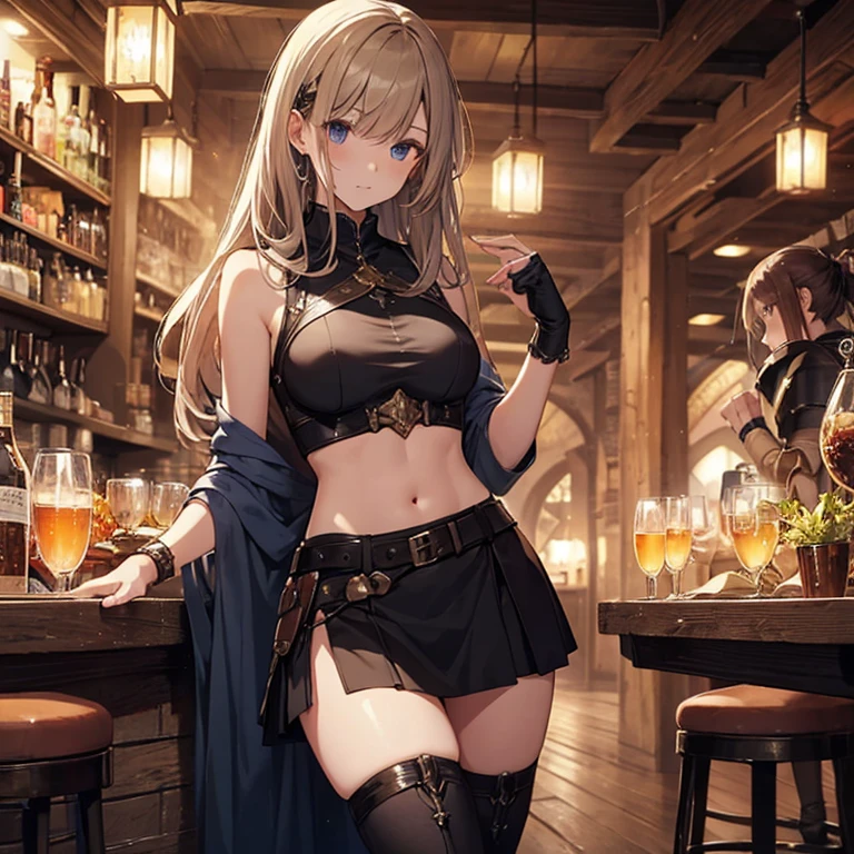 A female medieval fantasy adventurer, (in tavern), various hair styles, harem, night, details face, short skirt, seducing, sleeveless, armor, midriff, bondage
