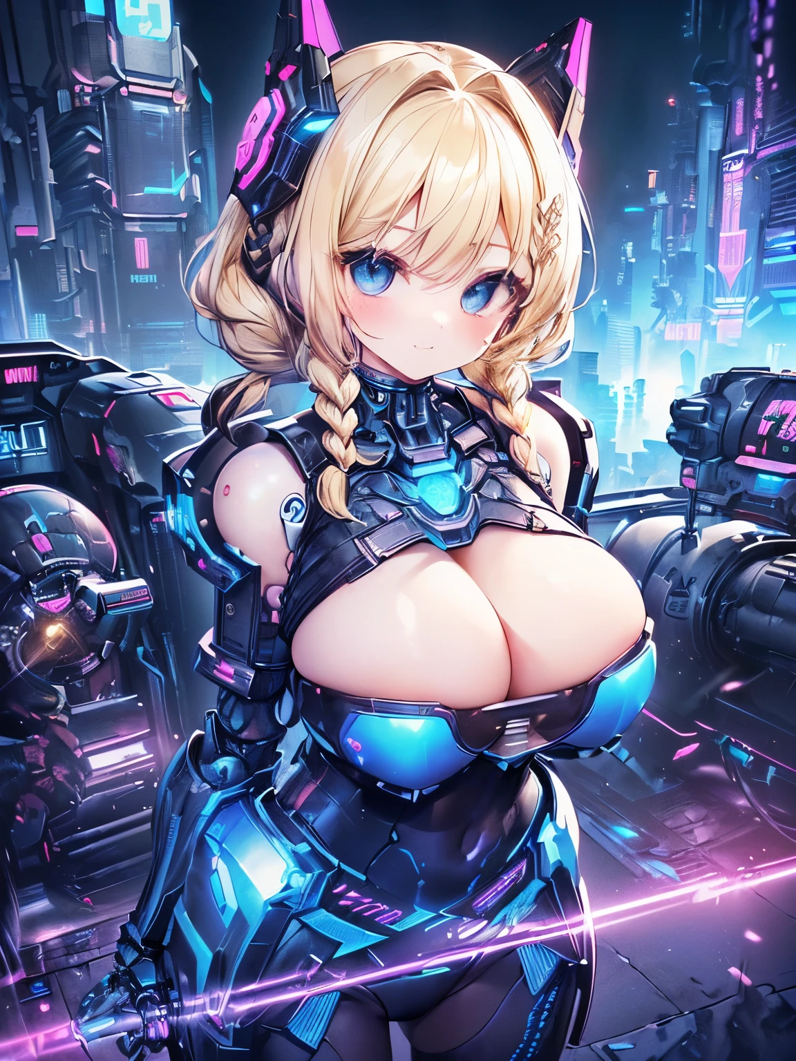 Masterpiece,Best Quality,(Super Detail),Perfect Lighting, Highly detailed CG,Super detailed,(Highly detailed eyes,Very cute face,Highly detailed face:1.3),Beautiful Anime Girl,(Solo Girl),(Super huge boobs:1.6),(Sensual,Glamorous:1.6),(Blonde,Shoulder-length medium hair,Twin braids,Let your hair hang forward:1.5),(Big light blue eyes),(Very happy smile,Open your mouth wide),break,(Cyberpunk Costumes,Heavy mechanical armor covering the body,Mechanical joints,Blue reactor in the center of the chest,headgear,Waist-mounted thrusters:1.5),Huge firearms,Holding a weapon in your hands,Cyberpunk Background,Cyberpunk cityscape,skyscraper,Neon Light,Are standing,Dynamic Pose,Dynamic Angle,Cowboy Shot