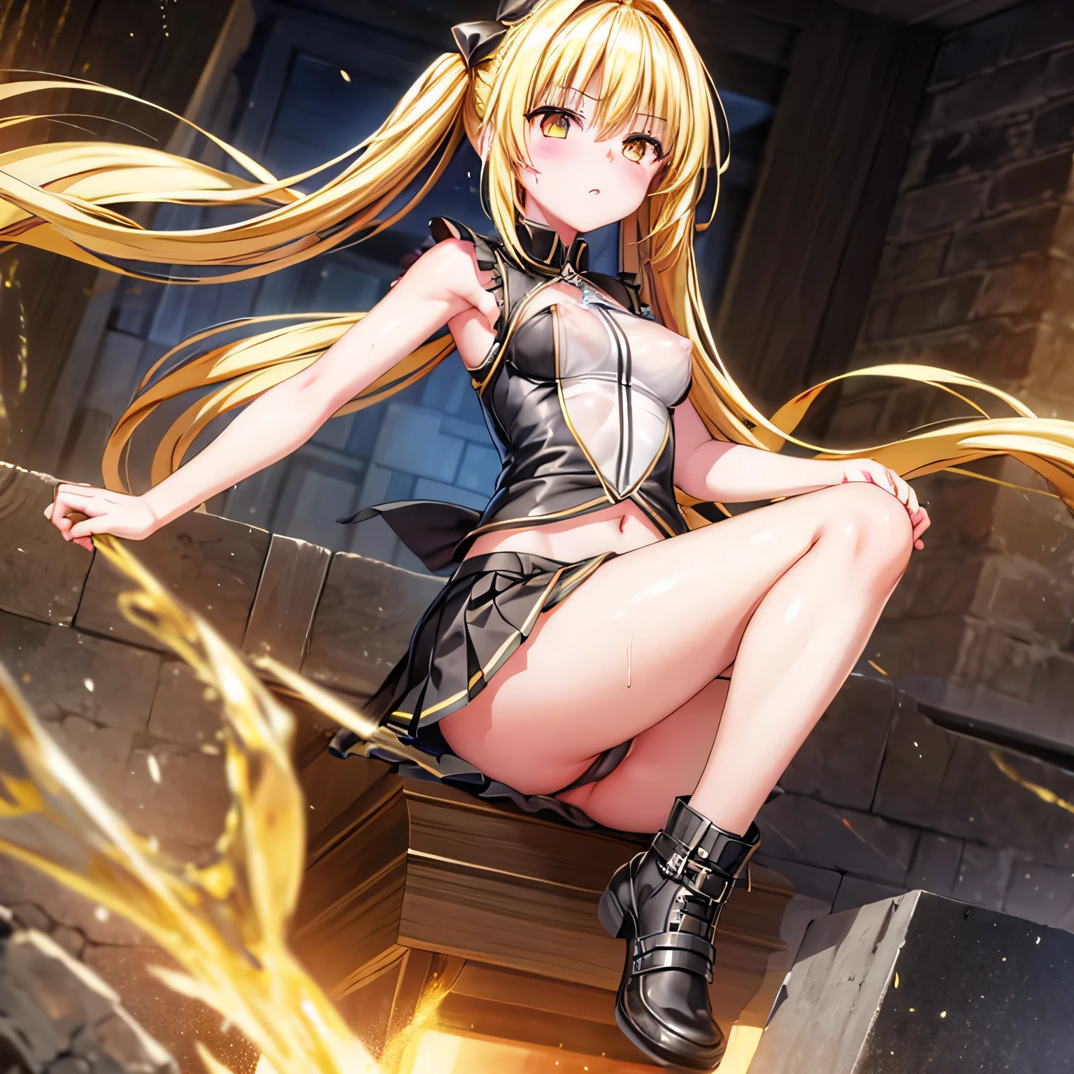 realistically, golden eyes, twintail, glowing eyes, golden hair, white short skirt, extra short skirt, Blush, daytime, Wet, see through, sleeveless shirt, armpit, nipples, pussy, embarrass, Sit with your knees raised, windy, yami, the skirt is turned up, highest quality, High resolution, highly detailed face, bare crotch, highest detailed CG, perfect hands, perfect anatomy, wind blow skirt up, medium breast