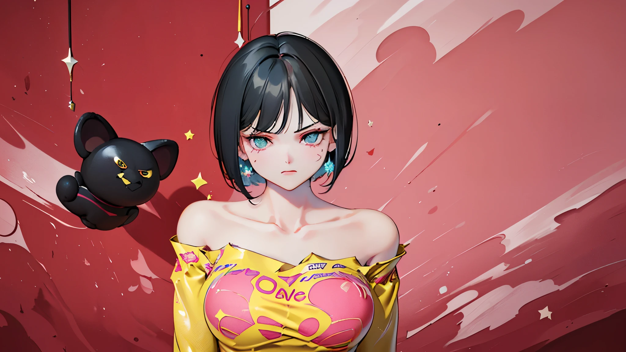 (Masterpiece,Highest quality,(Maximum details),woman,10 years old,short hair,black hair,black eyes,Cute face like a star,Wear a short-sleeved pink floral shirt.,I only saw half of it.,Chest hug,Make an angry face.,angry,school backdrop,There is a message below that says angry.