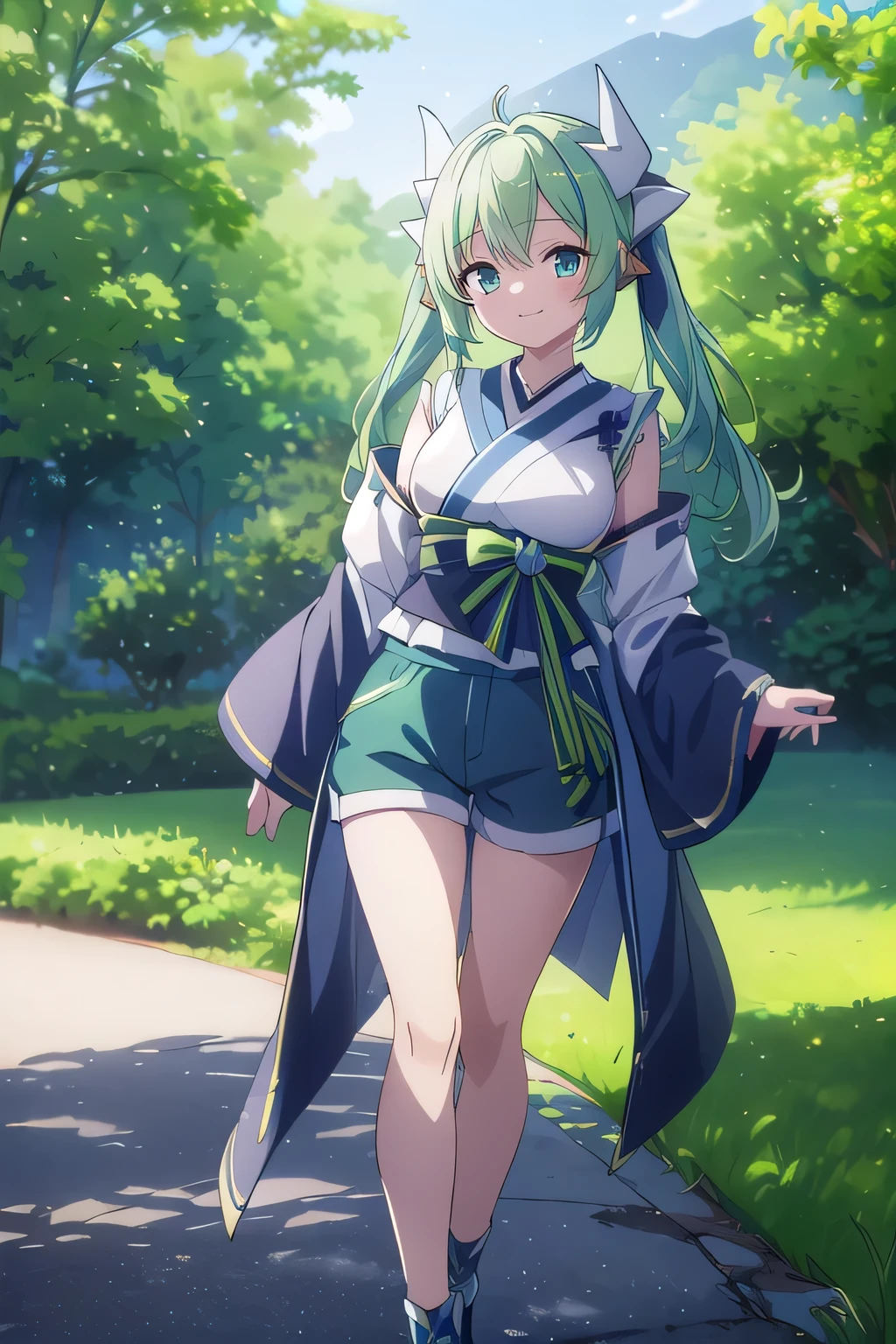 Kiyohime、 Green Hair、 ((Full body))、 (highest quality、4K、High resolution、masterpiece:1.2)、Super detailed、HDR、Studio Lighting、Sharp Focus、Bright colors、Portrait、Bokeh、Warm tones、Soft Lighting、 Character line emphasis、 (Light navy blue shorts)、 walking、(Sakuramichi)、 smile、