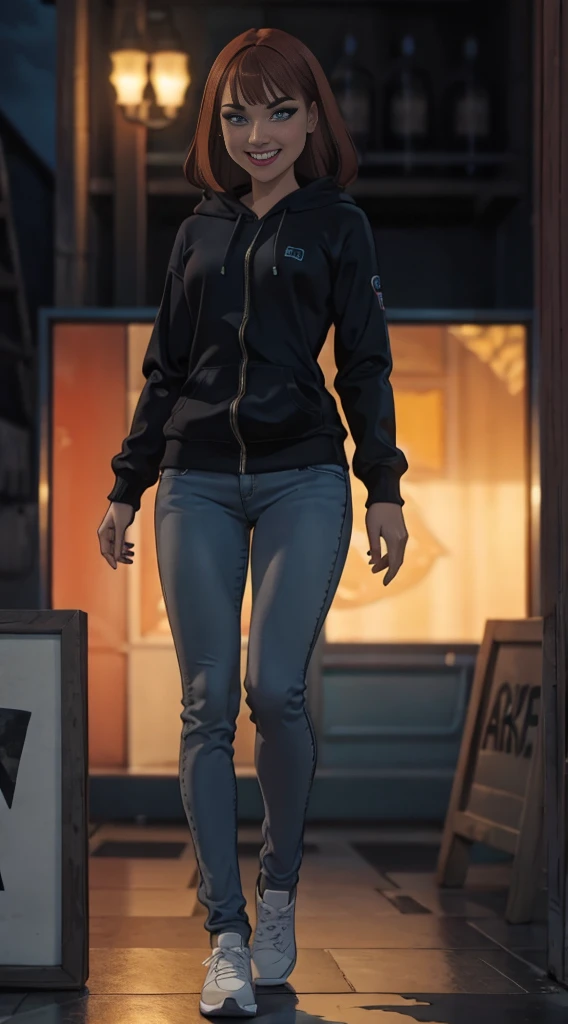 highest quality, Realistic, Very detailed, Finer details, High resolution, 8k wallpaper, One beautiful woman,Sit on the stairs、(Wear black socks)smile、(Beautiful teeth alignment、)(Gums are visible) Oversized hoodie, Skinny jeans,( Black sneakers)、red hair , crystal blue eyes 、 Beautiful Bangs、、Perfect dynamic composition, Beautiful and detailed, Full Body Shot, A big smile
Full body