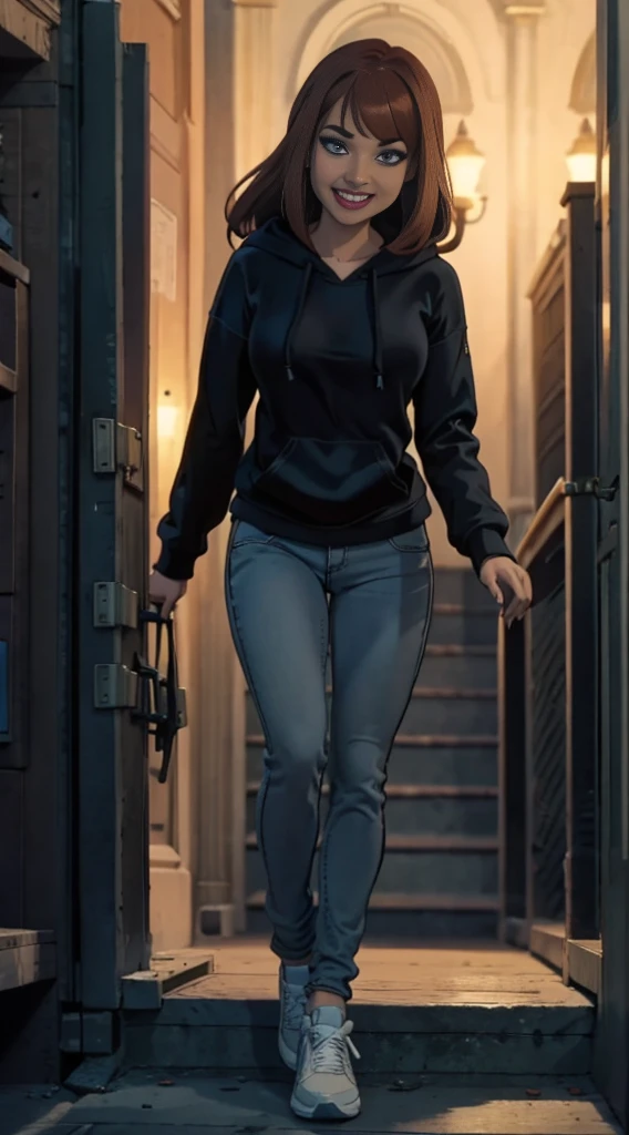 highest quality, Realistic, Very detailed, Finer details, High resolution, 8k wallpaper, One beautiful woman,Sit on the stairs、（Wear black socks）smile、（Beautiful teeth alignment、）（Gums are visible） Oversized hoodie, Skinny jeans,（ Black sneakers）、red hair , crystal blue eyes 、 Beautiful Bangs、、Perfect dynamic composition, Beautiful and detailed, Full Body Shot, A big smile
Full body
