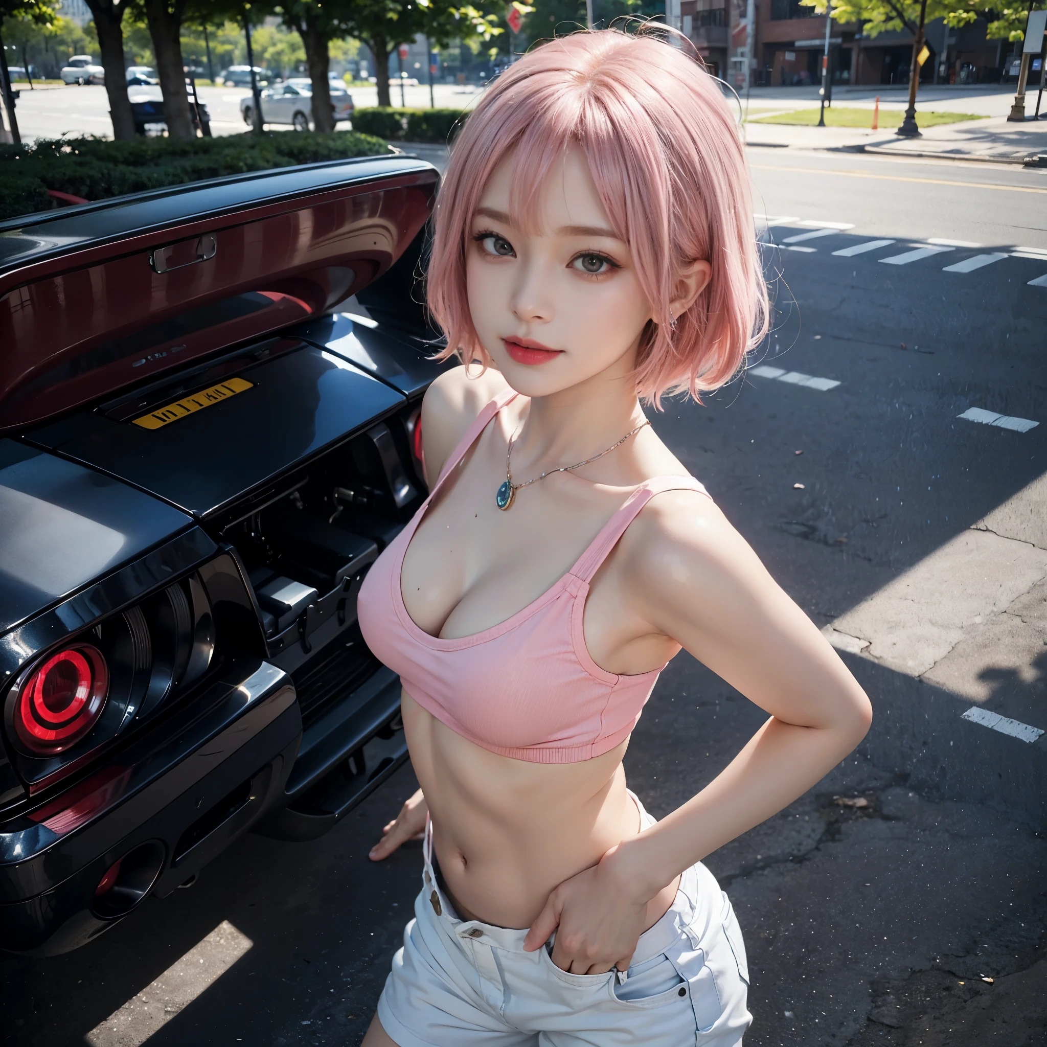 ((1 Girl Solo)), (1 Sexy Woman, gal girl, Pink Hair, Short Hair, waved hair:1.4), (Sexy woman, UpperBody shot, From Above:1.3), ((anatomically correct)), (White Tank top:1.2), (Short Pants, Thigh, Breasts, Cleavage:1.2), (Futuristic Portrait), (in The Park, Detailed Face, Detailed Skin, Detailed eyes:1.3) (Close-Up:1.2), (Necklace, Earrings, Smaile), Rim Lighting, Cinematic Light, Smile, no futuro telhado de luz neon, SSCI - FI e Fantasia, intrincado e muito bonito e elegante, altamente detalhado, pintura digital, art-station, arte conceitual, smooth and sharp focus, illustration, Arte de Tan Zi e Ayanamikodon e Alphonse Mucha e Wlop
