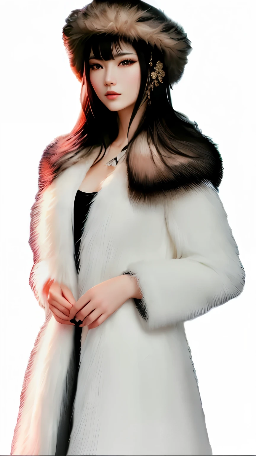 Arafeh woman in fur coat and black dress, Elegant Numbers艺术, render of mirabel madrigal, White fur, With white fluffy fur, April Rendering, Inspired by Shen Si Zheng, Elegant Numbers, fur simulation, An elegant lady with alabaster skin, Inspired by trees, detailed White fur, High quality portrait