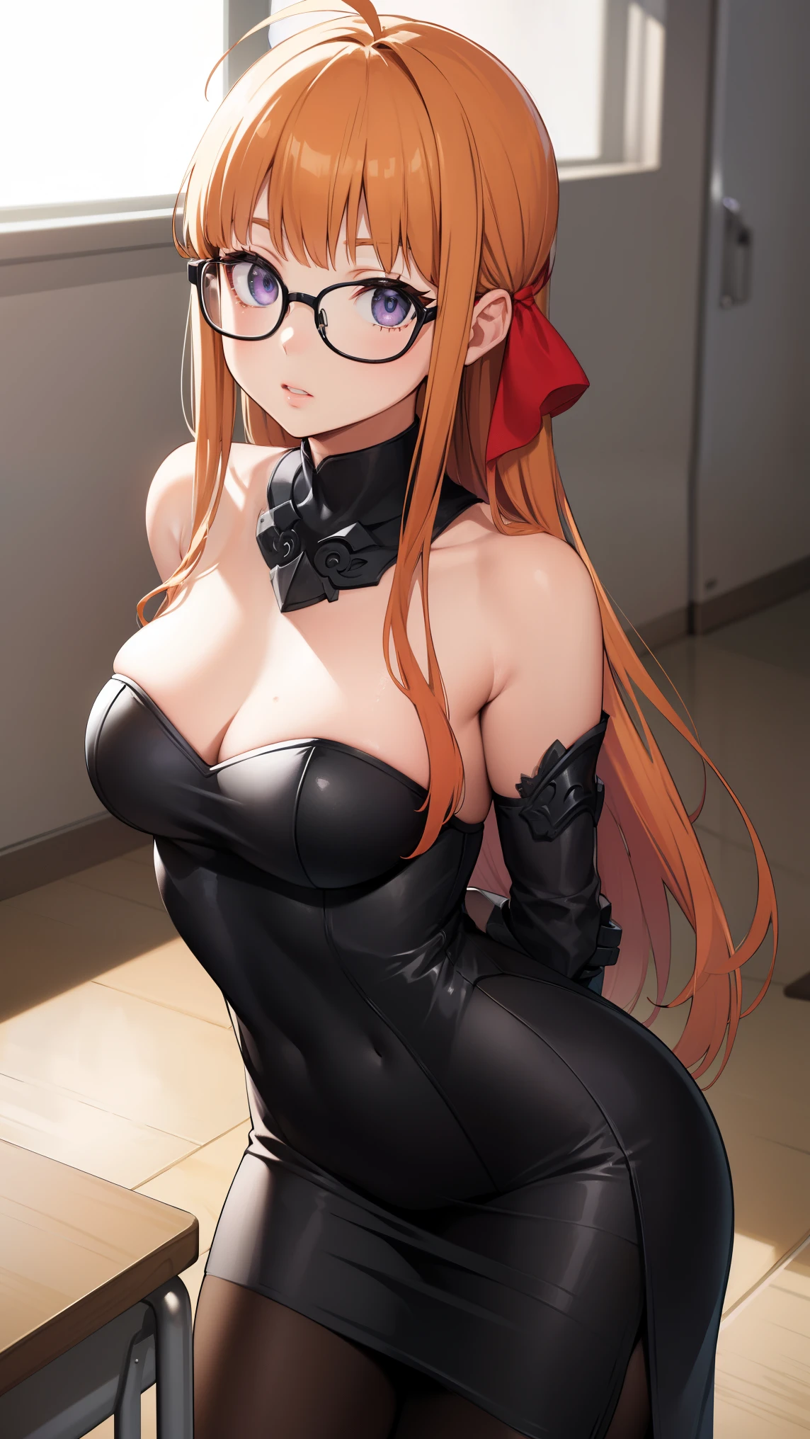 futabasakura, futaba sakura, orange hair, glasses, long hair, (purple eyes:1.1), ahoge,
BREAK (hair ribbon, strapless, armor, white gloves:1.2),
BREAK looking at viewer,standing, leaning forward, arms behind back,
BREAK indoors, classroom,
BREAK (masterpiece:1.2), best quality, high resolution, unity 8k wallpaper, (illustration:0.8), (beautiful detailed eyes:1.6), extremely detailed face, perfect lighting, extremely detailed CG, (perfect hands, perfect anatomy),