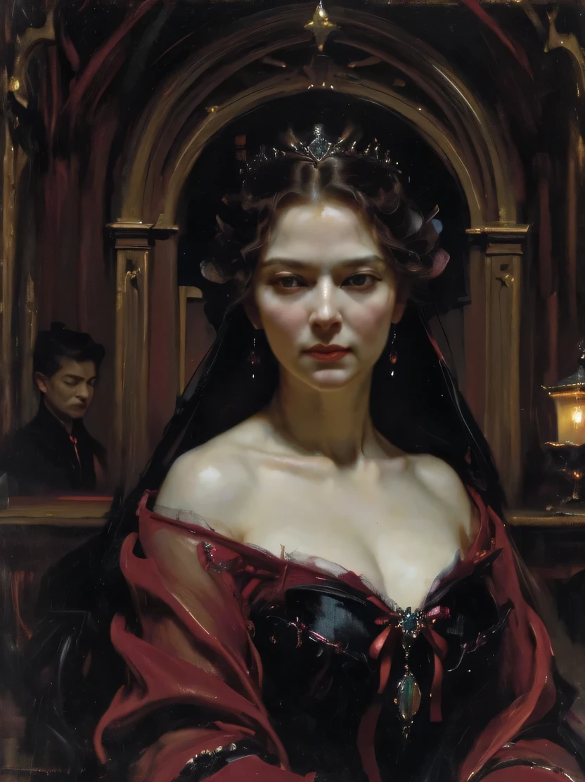 ((masterpiece、highest quality、Very detailed、High resolution、Sharp focus、Cinema Lighting))、(1 female、Bust Shot、Face Light))、Adult woman in her 40s、A stunning portrait of an exiled queen、Persephone, Queen of the Dead、Lilith、Captivating woman、There is elegance、Jewelry and Accessories、The cruel queen of the night、Black tone、Mysterious horror、Gothic、darkness、none、Black Ghost、Immortal Soul、Strict atmosphere、Solemn atmosphere、Oil painting、((View your viewers))、masterpiece