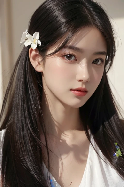 photoRealistic, Lip gloss, Painting, Realistic, highest quality, Ultra-high resolution, depth, pastel colour, Natural Shading, Focus on the face, Face only, View your viewers, Long Hair, hair accessory, Black Hair, Brown, well-detailed eyes, dress