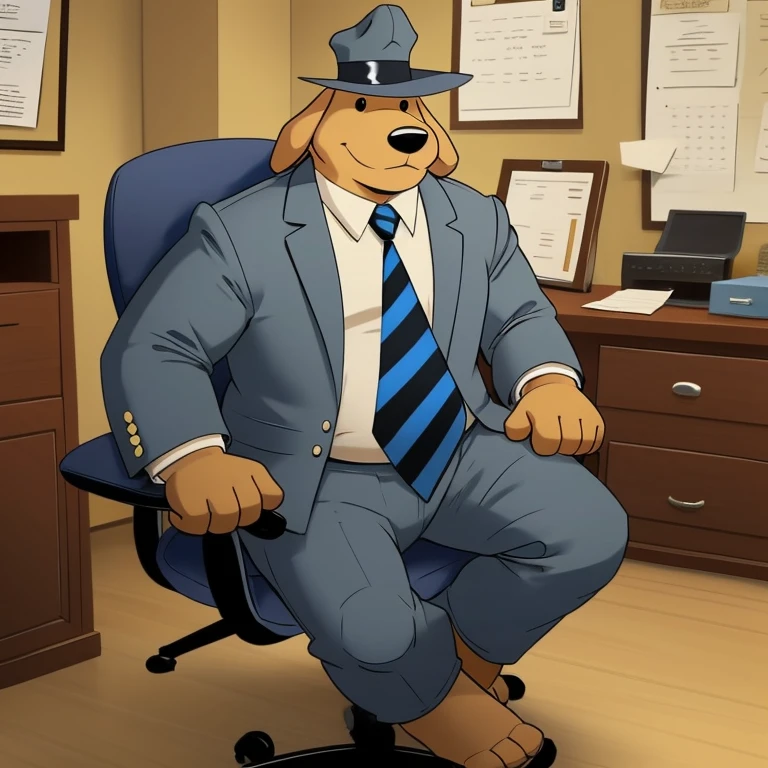 Solo male, sam, dog, tall, stocky body, slightly chubby, mature, floppy ears, black eyes, brown fur, blue grey suit and pants, blue grey hat, blue and black striped necktie, sitting in office chair