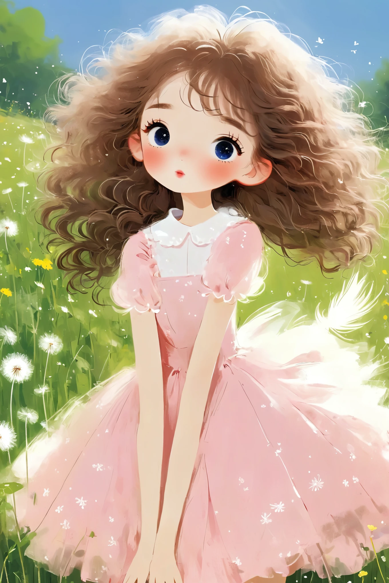 Rough texture,Hand-drawn style。outdoor,Cute 1 girl,Solitary,Fluffy hair,beautiful eyes,blush,dress,Dandelion,Beautiful picture,