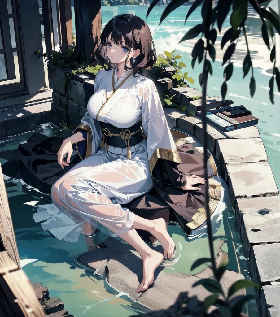 masterpiece, best quality, extremely delicate and beautiful, ultra-detailed, high-resolution, 20 years old, detailed beautiful face, tearful mole, earring, very huge round breasts, short medium hair, wavy hair, wet clothes, full body shot, alone, (assassin), kimono, (armor),