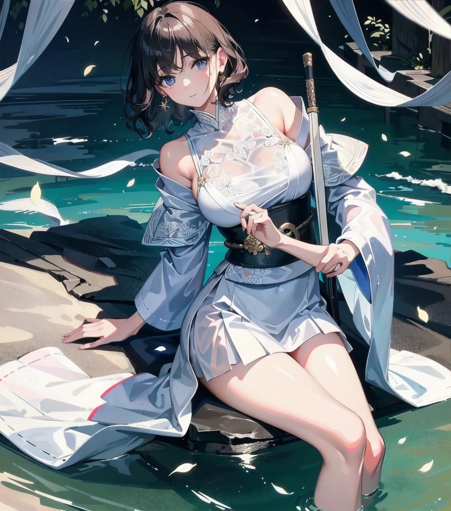 masterpiece, best quality, extremely delicate and beautiful, ultra-detailed, high-resolution, 20 years old, detailed beautiful face, tearful mole, earring, very huge round breasts, short medium hair, wavy hair, wet clothes, full body shot, alone, (assassin), kimono, (armor),
