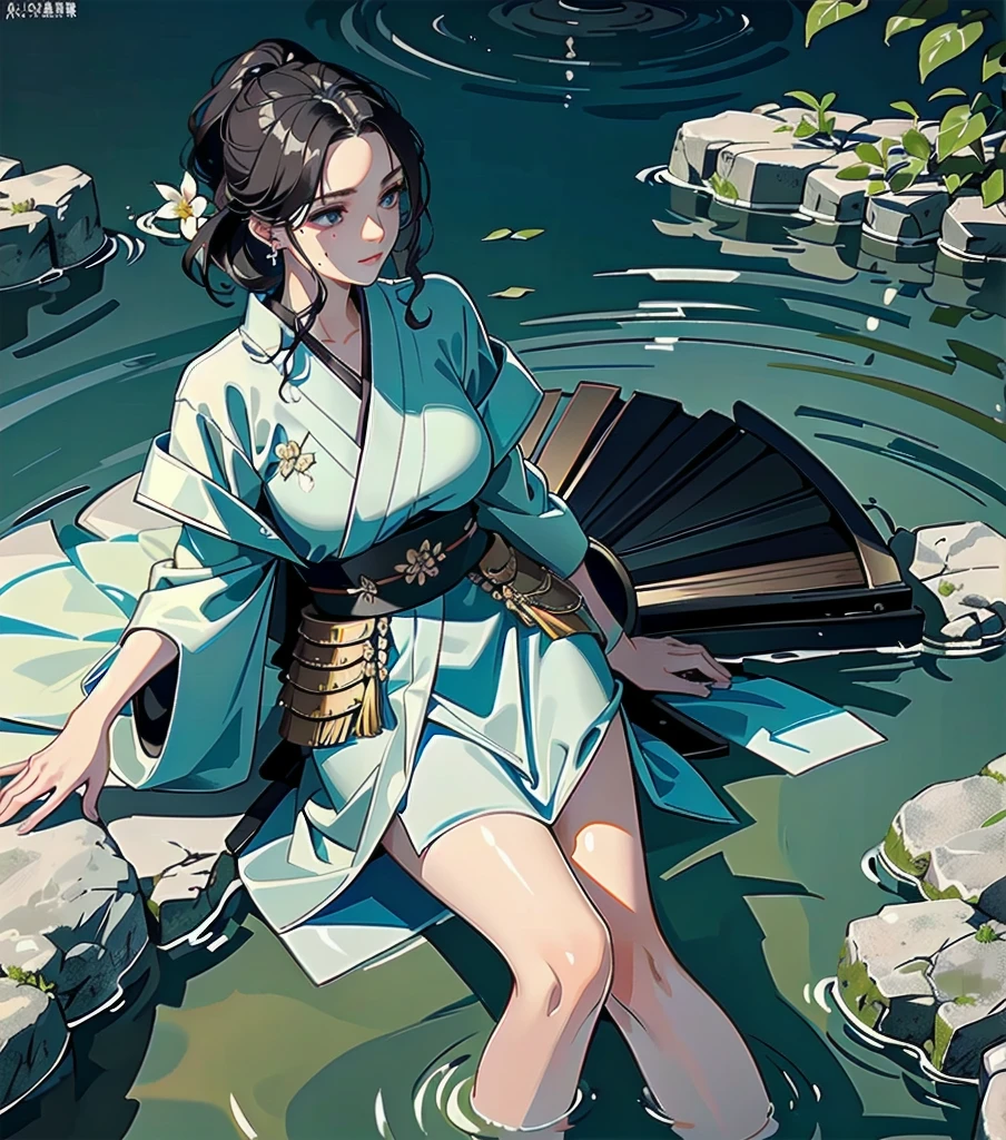 masterpiece, best quality, extremely delicate and beautiful, ultra-detailed, high-resolution, 20 years old, detailed beautiful face, tearful mole, earring, very huge round breasts, short medium hair, wavy hair, wet clothes, full body shot, alone, (assassin), kimono, (armor),