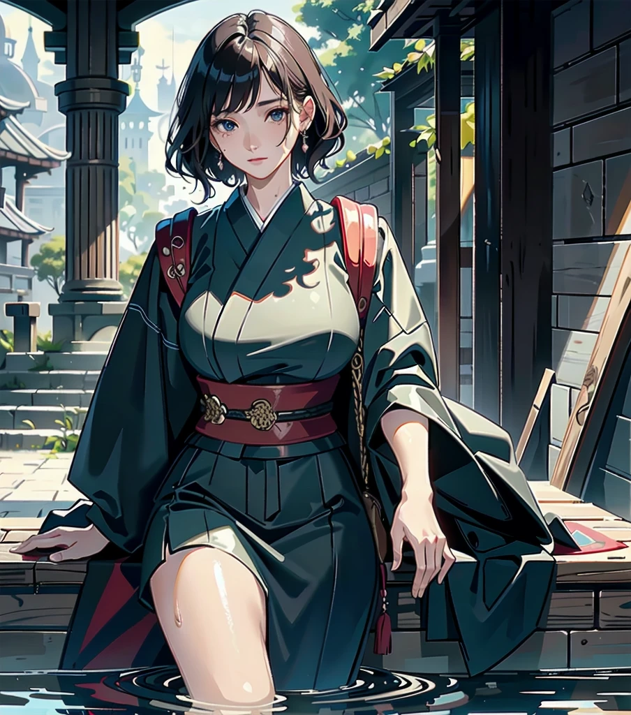 masterpiece, best quality, extremely delicate and beautiful, ultra-detailed, high-resolution, 20 years old, detailed beautiful face, tearful mole, earring, very huge round breasts, short medium hair, wavy hair, wet clothes, full body shot, alone, (assassin), kimono, (armor),