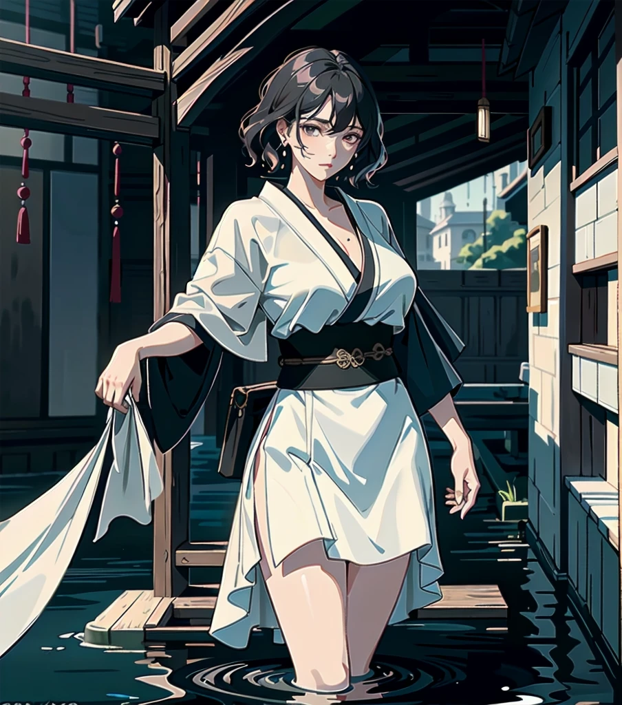 masterpiece, best quality, extremely delicate and beautiful, ultra-detailed, high-resolution, 20 years old, detailed beautiful face, tearful mole, earring, very huge round breasts, short medium hair, wavy hair, wet clothes, full body shot, alone, (assassin), kimono, (armor),