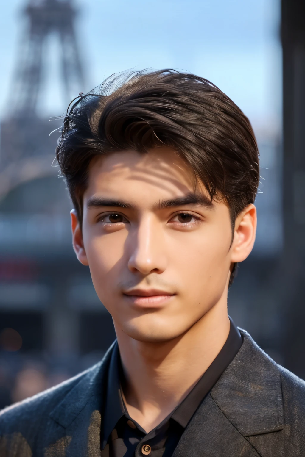 20-year-old male、Television presenter. ((最high quality、masterpiece、Realistic:1.4、In 8K))、Well-groomed face、Eye and facial details、Very detailed、Attention to detail、high quality、High resolution、((Looking at the audience:1.3))、Mouth details、sunlight、Paris city center、、((Look forward:1.3))