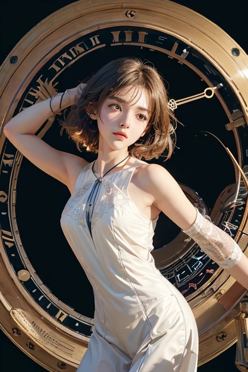 ((clock background:1.7)), ((a girl trapped in time:1.3)), intricate details illuminated by a soft and eerie glow, (clock's minute hand moves with precision, hour hand follows in steady rhythm, marking the passage of time), (Time seems to bend and twist, creating a sense of disorientation and wonder:1.4),
an air of mystery and intrigue,
(masterpiece, best quality), ((Mystery, Fantasy)), modern art, abstract, abstract background, muted colors, dim colors, Desaturated tones, cinematic lighting,