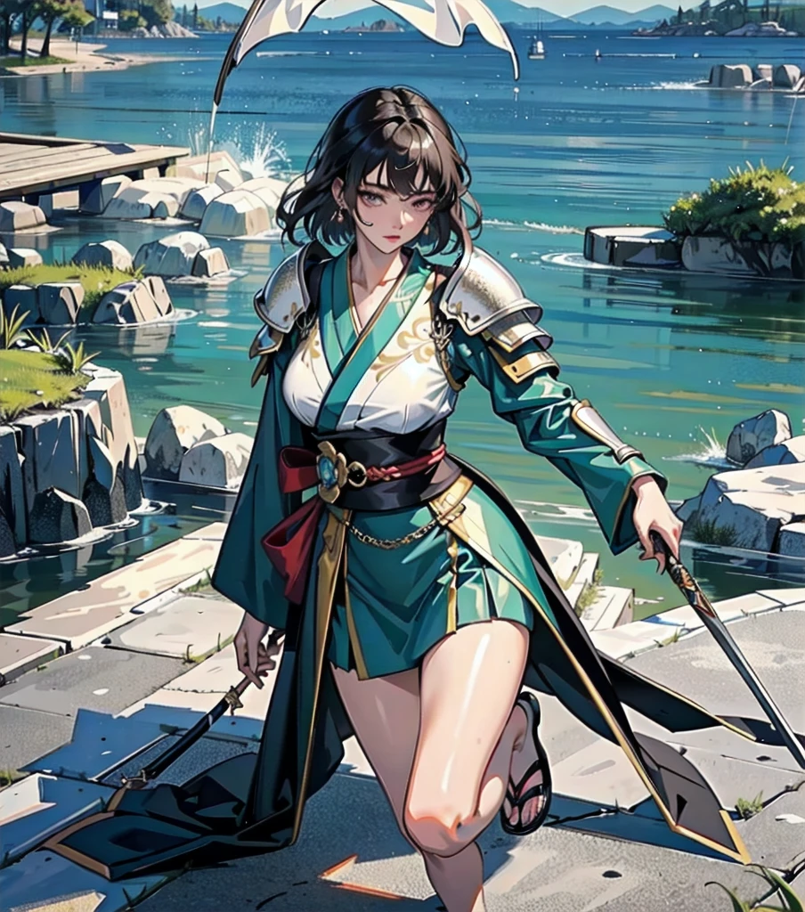 masterpiece, best quality, extremely delicate and beautiful, ultra-detailed, high-resolution, 20 years old, detailed beautiful face, tearful mole, earring, very huge round breasts, short medium hair, wavy hair, wet clothes, full body shot, alone, (assassin), kimono, (armor),