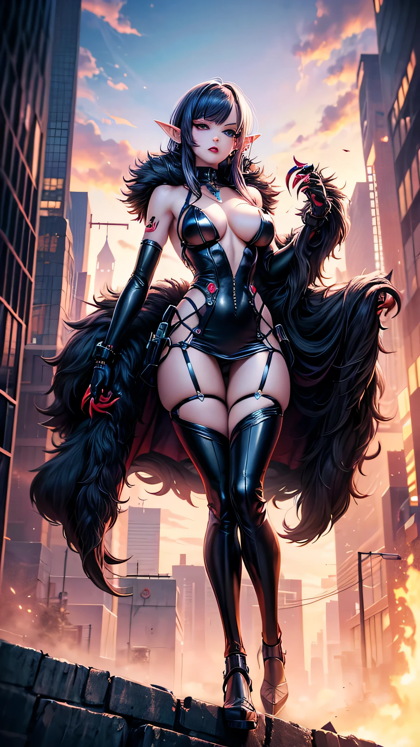 There is futuristic sreet in the middle of it stand beautiful elf female, she have green eyes, long pointy ears with lot of piercing, juicy red lips and daek purple eye shadows, her hair is bloody red , she dressed in lomg sexy dress with fur, She have cybernetic arms with sharp claws, and tatoos on her body, (ultra high quality sifi fantasy art. cyberpunk fantasy style, masterpiece, ultra highquality character design, 8k quality anime art, top quality wallpaper illustration, detailed ultra high quality acurate face, highquality design and acurate physic )