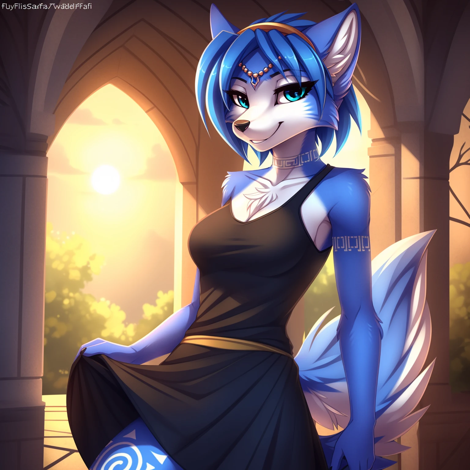 By zinfyuu on pixiv,by twistedscarlet60, uploaded on pixiv, by fluff-kevlar, (masterpiece), (best quality), (anthro furry:1.3, snout:1.2, anthro:1.3, furry:1.2, solo female:1.2), (extremely detailed:1.3), (Detailed eye part: White lens, greem iris,black cornea), tall, slim body, sweet smile, wear Black tshirt and long skirt, krystal