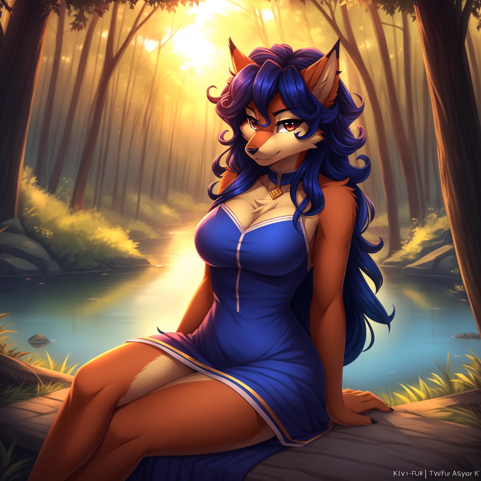 By zinfyuu on pixiv,by twistedscarlet60, uploaded on pixiv, by fluff-kevlar, (masterpiece), (best quality), (anthro furry:1.3, snout:1.2, anthro:1.3, furry:1.2, solo female:1.2), (extremely detailed:1.3), (blue_detailed_eye), wearing white dress, sfw, forest, sitting, lake, nature beauty, view on viewer, carmelita