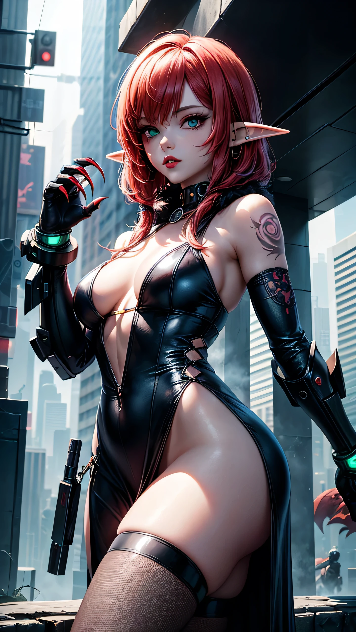 There is futuristic sreet in the middle of it stand beautiful elf female, she have green eyes, long pointy ears with lot of piercing, juicy red lips and daek purple eye shadows, her hair is bloody red , she dressed in lomg sexy dress with fur, She have cybernetic arms with sharp claws, and tatoos on her body, (ultra high quality sifi fantasy art. cyberpunk fantasy style, masterpiece, ultra highquality character design, 8k quality anime art, top quality wallpaper illustration, detailed ultra high quality acurate face, highquality design and acurate physic )