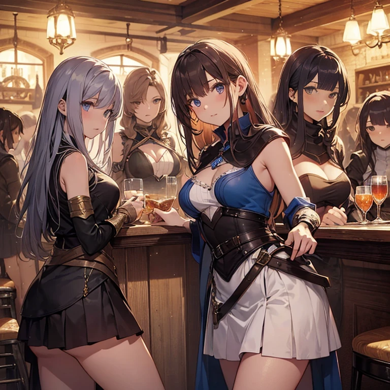 A group of  female medieval fantasy adventurers, (in tavern), various hair styles, harem, night, details face, short skirt, seducing, sleeveless, armor 