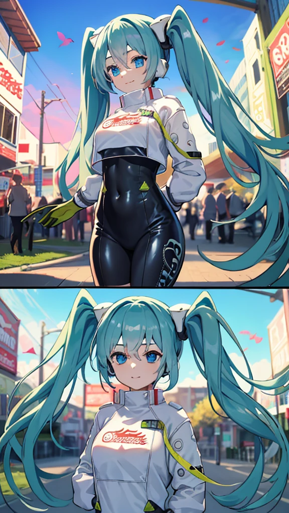  (masterpiece, highest quality), Backlight, Lens flare, Wide Shot, Fisheye Lens , (Face Focus, Depth of written boundary, close: 1.5), Super Detail, figure, colorful, (Fault Color: 1.3), (Immidshot: 1.3), video, Wide-angle, Upper Body, (((One girl))), miku hatsune, Spotless, Dark green hair, Twin tails, Very long hair, Put your arms behind your back, blue eyes, Glowing Eyes, Relaxed face, Eyebrow hair, Shiny Hair, Glowing Skin, A light smile, racing Miku, (Big Breasts), Black bodysuit, Cropped jacket, White jacket, Long sleeve, Two-tone gloves, Thigh-high boots, bright, Beautiful detailed sky, city, street,