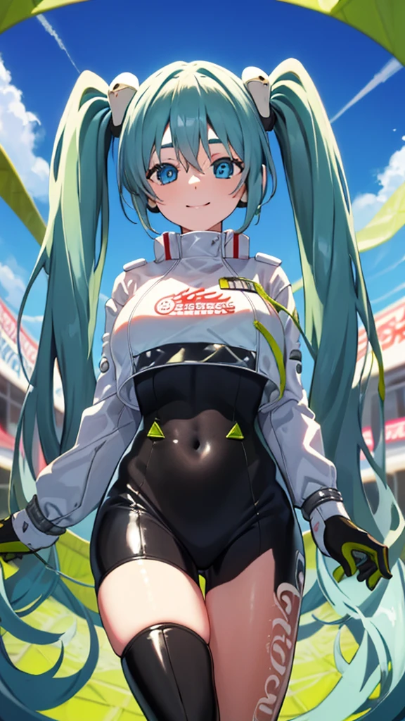 (masterpiece, highest quality), Backlight, Lens flare, Wide Shot, Fisheye Lens , (Face Focus, Depth of written boundary, close: 1.5), Super Detail, figure, colorful, (Fault Color: 1.3), (Immidshot: 1.3), video, Wide-angle, Upper Body, (((One girl))), miku hatsune, Spotless, Dark green hair, Twin tails, Very long hair, Put your arms behind your back, blue eyes, Glowing Eyes, Relaxed face, Eyebrow hair, Shiny Hair, Glowing Skin, A light smile, racing Miku, (Big Breasts), Black bodysuit, Cropped jacket, White jacket, Long sleeve, Two-tone gloves, Thigh-high boots, bright, Beautiful detailed sky, city, street,