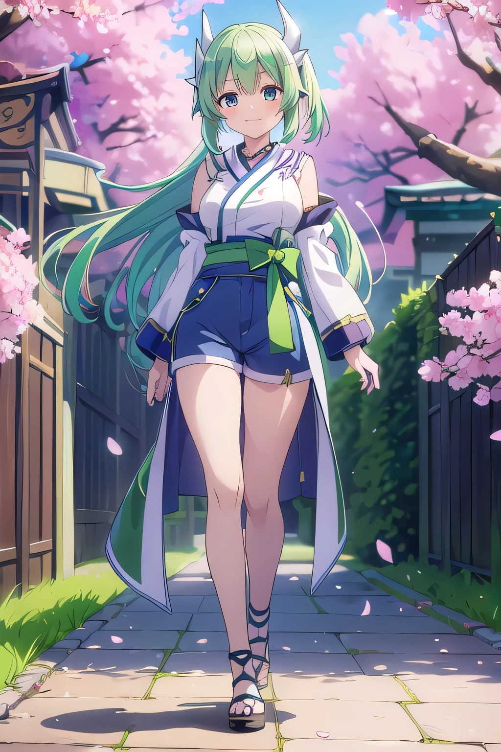 Kiyohime、 Green Hair、 ((Full body))、 (highest quality、4K、High resolution、masterpiece:1.2)、Super detailed、HDR、Studio Lighting、Sharp Focus、Bright colors、Portrait、Bokeh、Warm tones、Soft Lighting、 Character line emphasis、 (Light navy blue shorts)、 walking、(Background cherry blossom)、 smile、