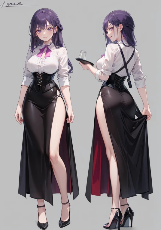 Purple hair,Long hair,Adult female,Bartender,((Body harness)),((Rolling up your sleeves shirt)),(Corset),(Long skirt),(slit),High heels,((Simple background)),Smile,((Full body)),((whole body)),Character Sheet,