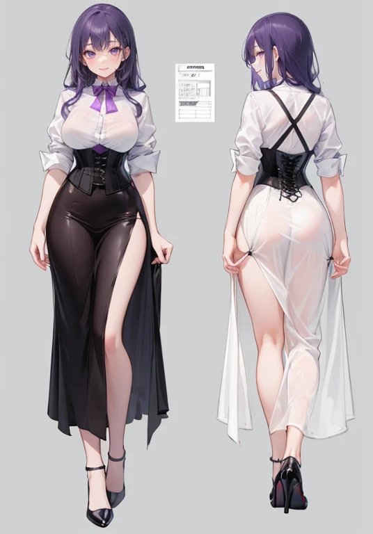 Purple hair,Long hair,Adult female,Bartender,((Body harness)),((Rolling up your sleeves shirt)),(Corset),(Long skirt),(slit),High heels,((Simple background)),Smile,((Full body)),((whole body)),Character Sheet,