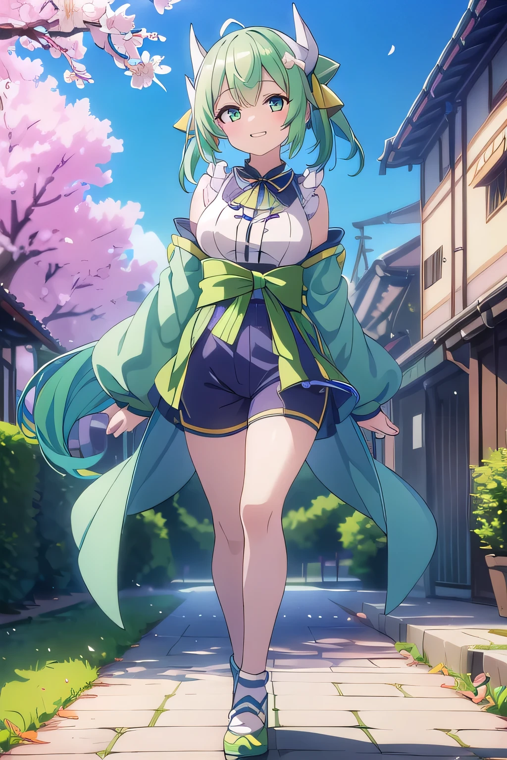 Kiyohime、 Green Hair、 ((Full body))、 (highest quality、4K、High resolution、masterpiece:1.2)、Super detailed、HDR、Studio Lighting、Sharp Focus、Bright colors、Portrait、Bokeh、Warm tones、Soft Lighting、 Character line emphasis、 (Light navy blue shorts)、 walking、(Background cherry blossom)、 smile、