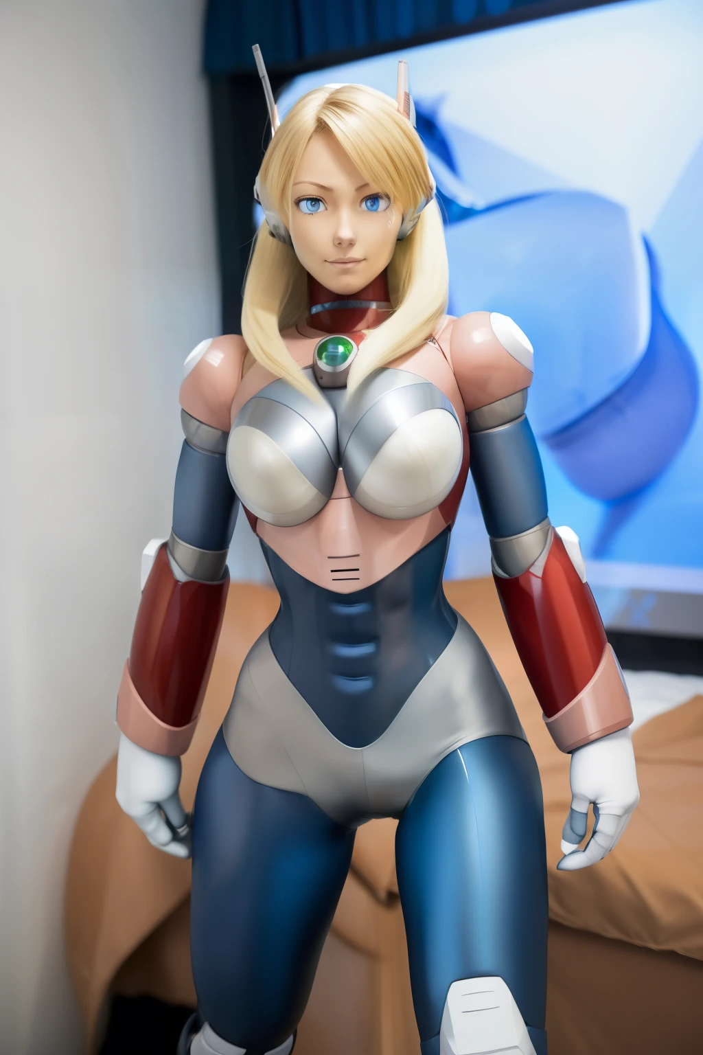 ultra detailed of a woman cyborg, 1girl, (natural skin texture, realistic eye details:1.2) alias_mega manx, alone, breasts, blue eyes, blonde hair, Android, long hair, robot ears, stand at attention, neutral stance, artwork, high quality, hypnotized, blank expression, spiral eyes, in the bedroom