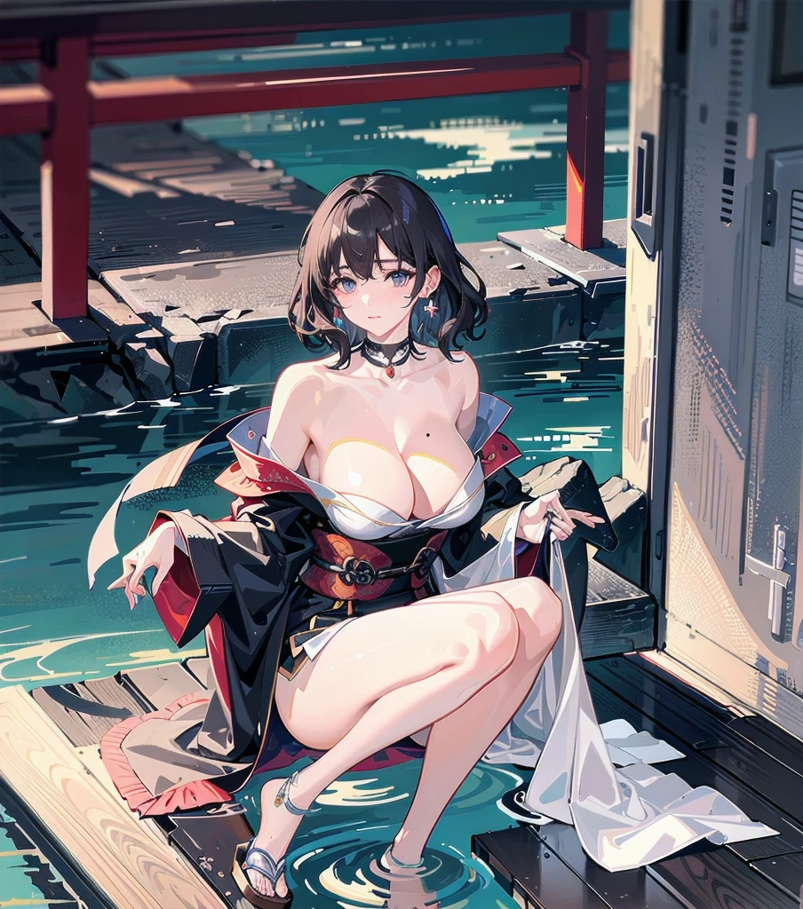 masterpiece, best quality, extremely delicate and beautiful, ultra-detailed, high-resolution, 20 years old, detailed beautiful face, tearful mole, earring, very huge round breasts, short medium hair, wavy hair, wet clothes, full body shot, alone, (assassin), kimono, (armor),