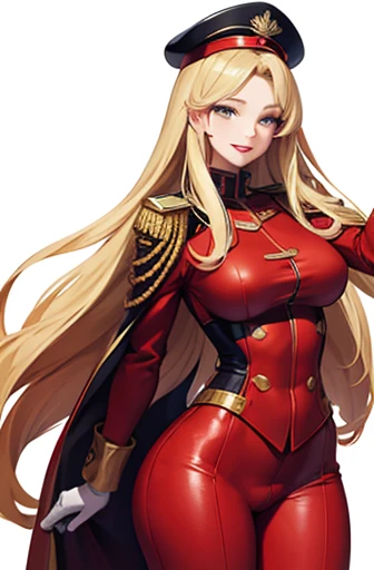 Woman saluting,Blonde,Long hair is thick,very red lips,Big Ass,Narrow waist,Long legs,Green Eyes Standing 8k(( A sloppy smile,  The face we&#39;re looking for, Mischievous face)), ,8k(( Anime Style, The facial expression is good, Anime Style緑色の眼, The facial expression is good:1.５)), Standing at the station, Morning, Beauty, soldier, uniform,spring,cherry blossoms,looking at the camera