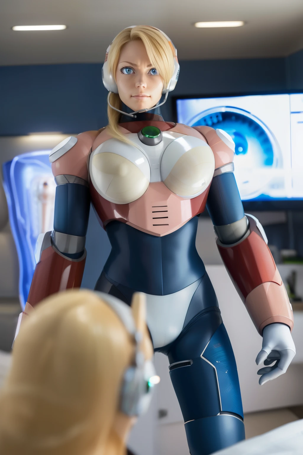 ultra detailed of a woman cyborg, 1girl, (natural skin texture, realistic eye details:1.2) alias_mega manx, alone, breasts, blue eyes, blonde hair, Android, long hair, robot ears, stand at attention, neutral stance, artwork, high quality, hypnotized, blank expression, spiral eyes, in the bedroom